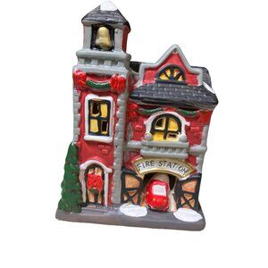 Christmas Village Mini Fire house Ceramic Building